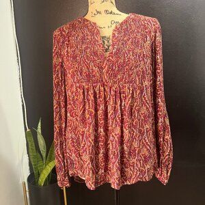 Lucky Brand Womens Floral Print Blouse Smocked Top Long Sleeve Casual Fall Tunic